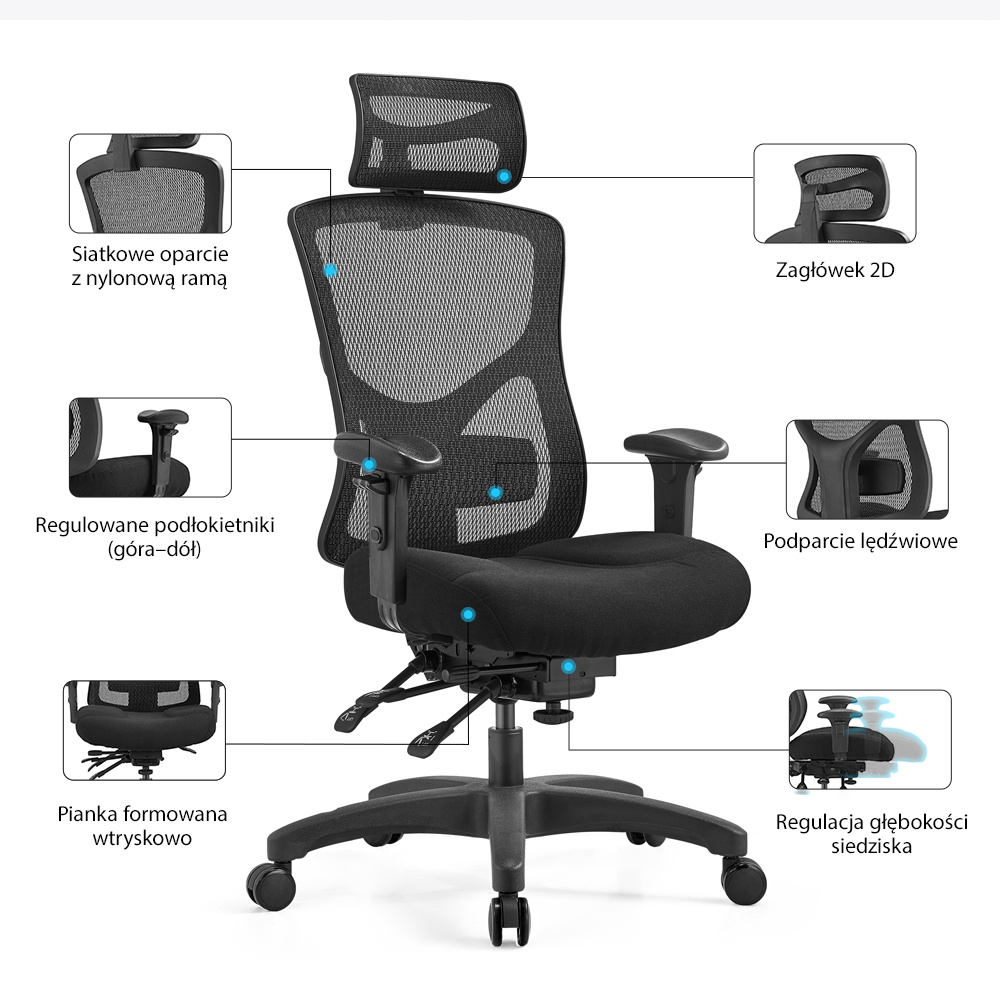 Infografika – regulacja oparcia góra–dół w fotelu ergOmed