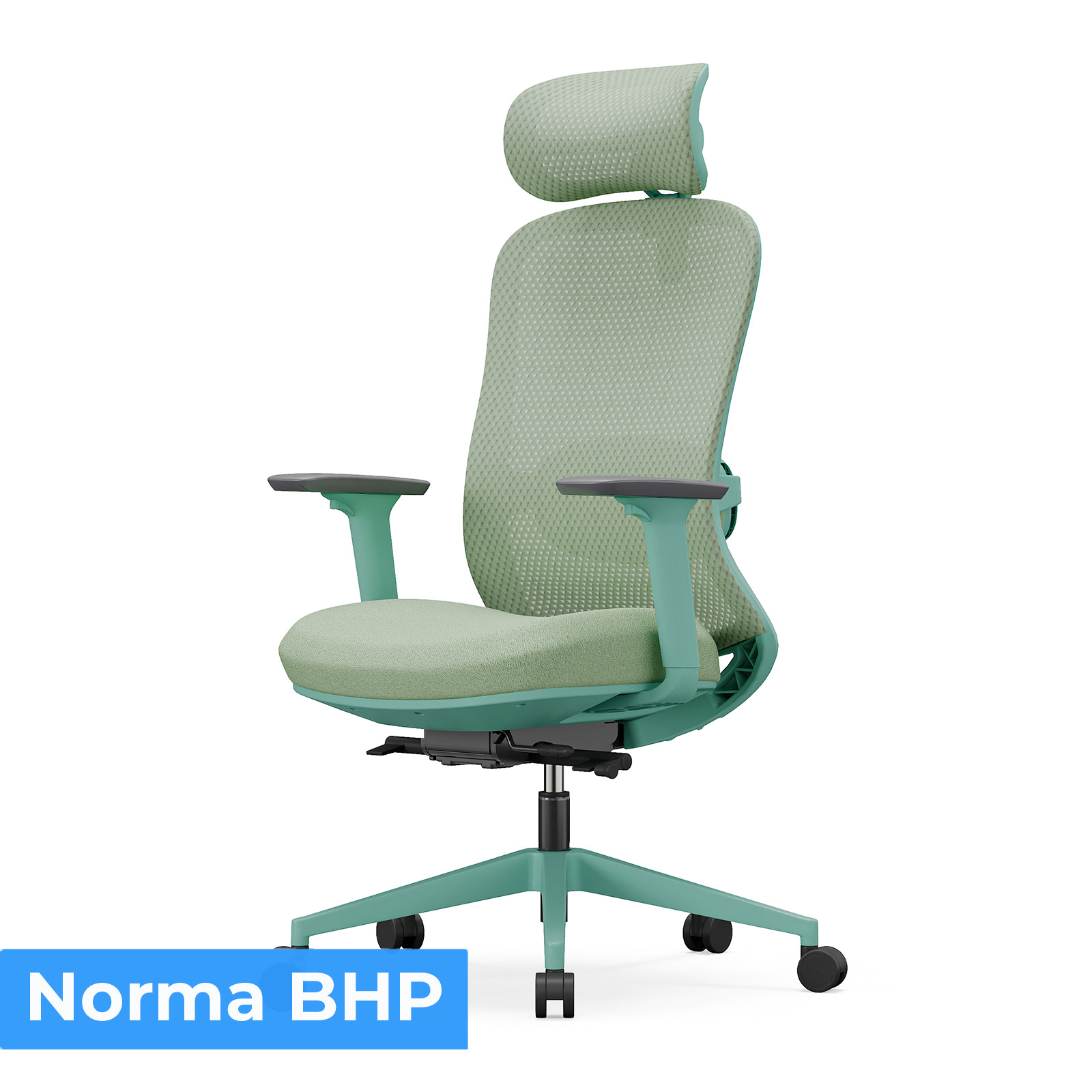 Fotel ergonomiczny fizjO mint – wysokie oparcie z siatki, zagłówek 4D, podłokietniki 3D i elektryczne podparcie lędźwiowe z masażem