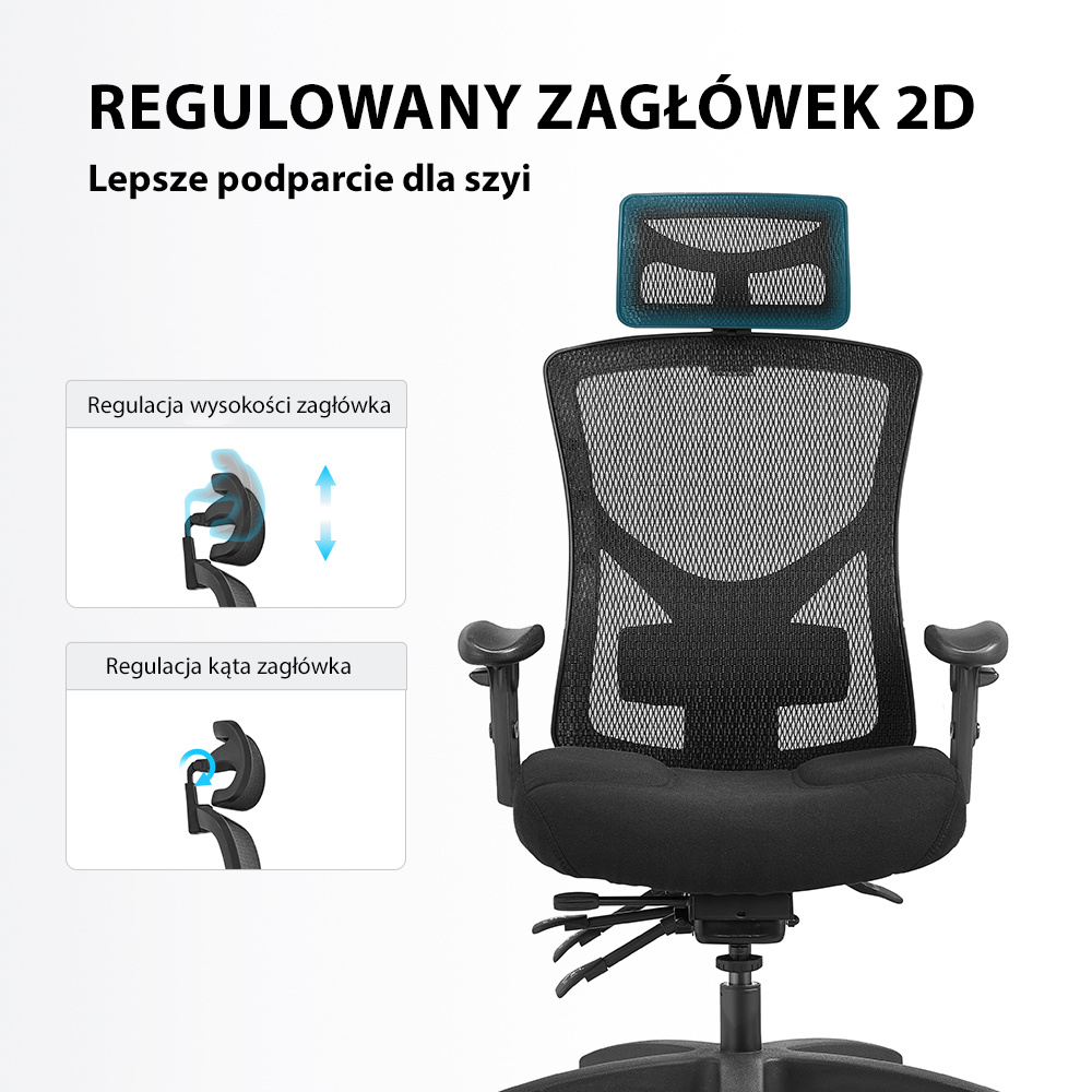 Infografika – regulowany zagłówek 2D w fotelu ergOmed