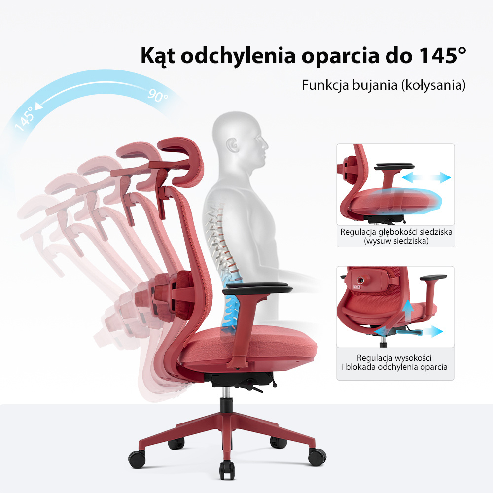 Infografika – kąt odchylenia oparcia do 145°, funkcja kołysania, regulacja wysokości i blokada odchylenia oparcia oraz regulacja wysuwu siedziska w fizjO mint