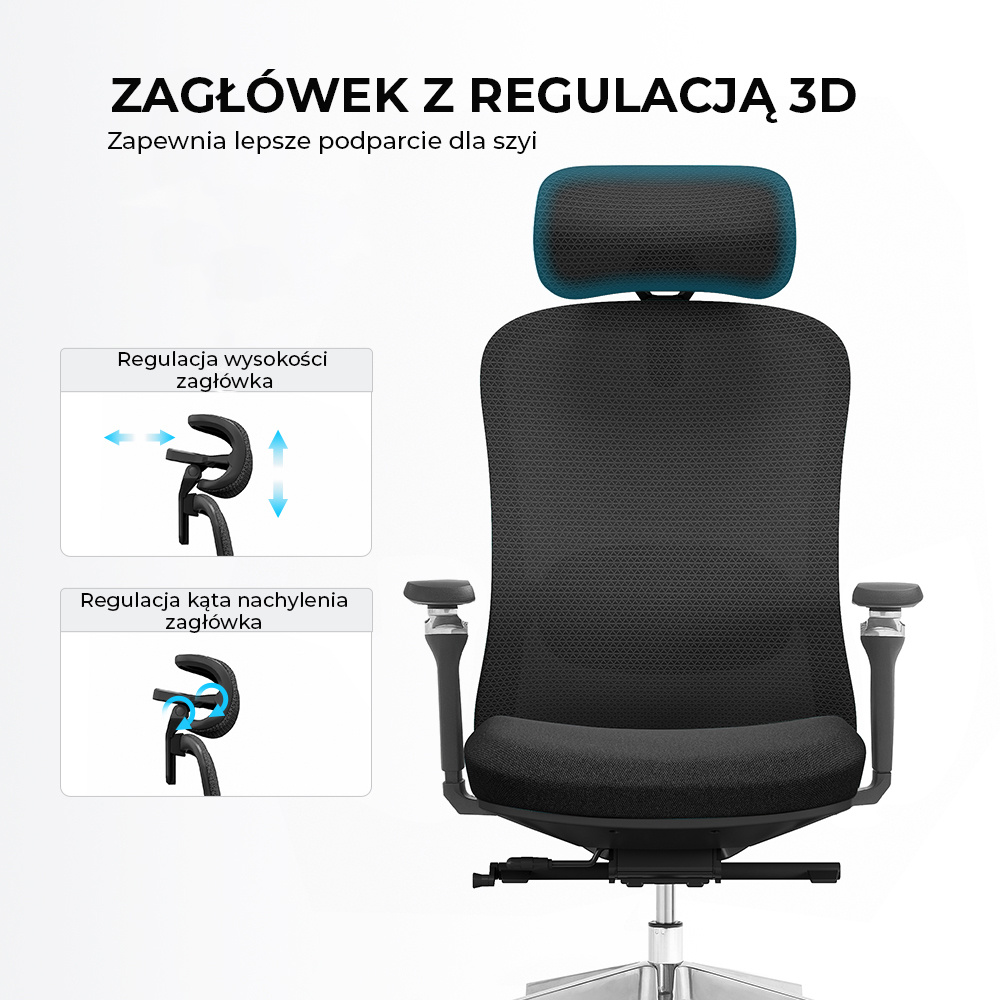 Zagłówek z regulacją 3D – regulacja wysokości i kąta nachylenia