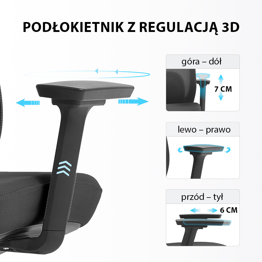 ANGEL runO - podłokietniki 3D (góra/dół 7 cm, przód/tył 6 cm, obrót prawo-lewo)