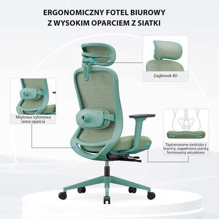 Fotel biurowy ergonomiczny ANGEL fizjO miętowy z funkcją masażu